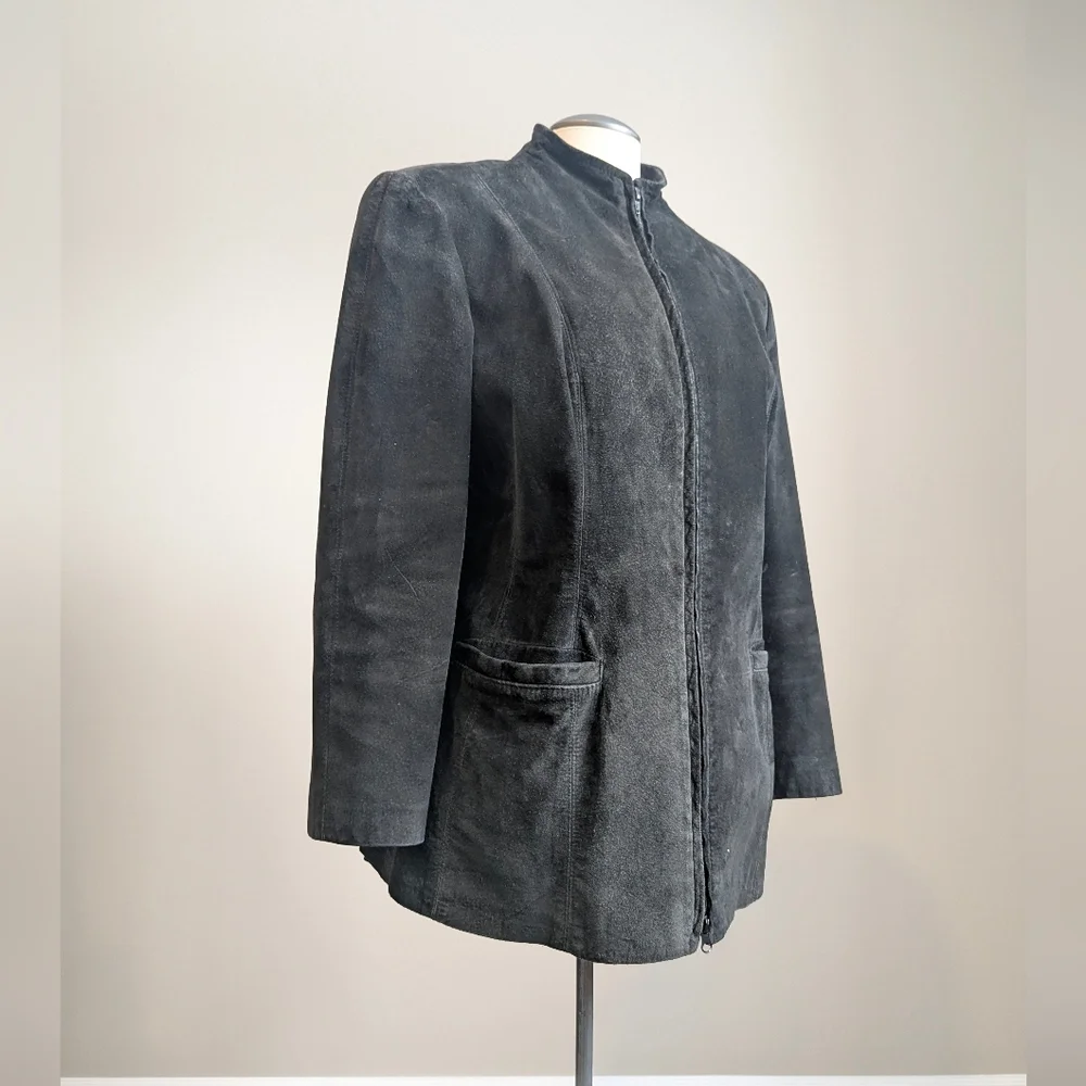 Danier Black Genuine Suede Leather Zip Jacket Vintage Large Coat Spring Autumn - Picture 3 of 13